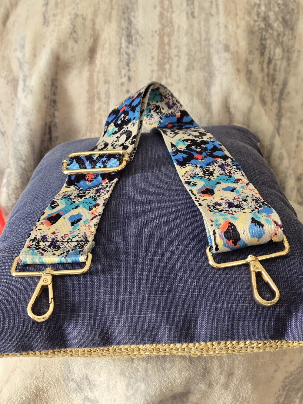 Adjustable Blue Multi-Color Printed Bag Strap with Gold Hardware